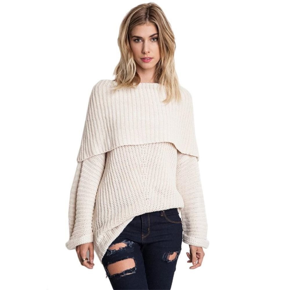 Umgee Aspen Oversized‎ Cozy Fold Over Knit Chunky Sweater Cream Women Size S